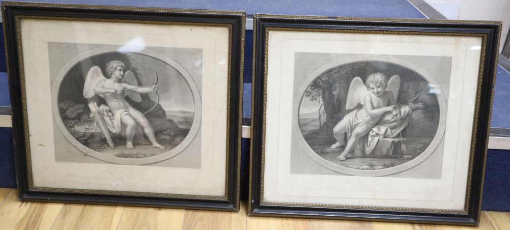 Giovanni Folo after Stefano Tofanelli, pair of engravings, Cupid with a drawn bow and arrow, overall 43 x 50cm